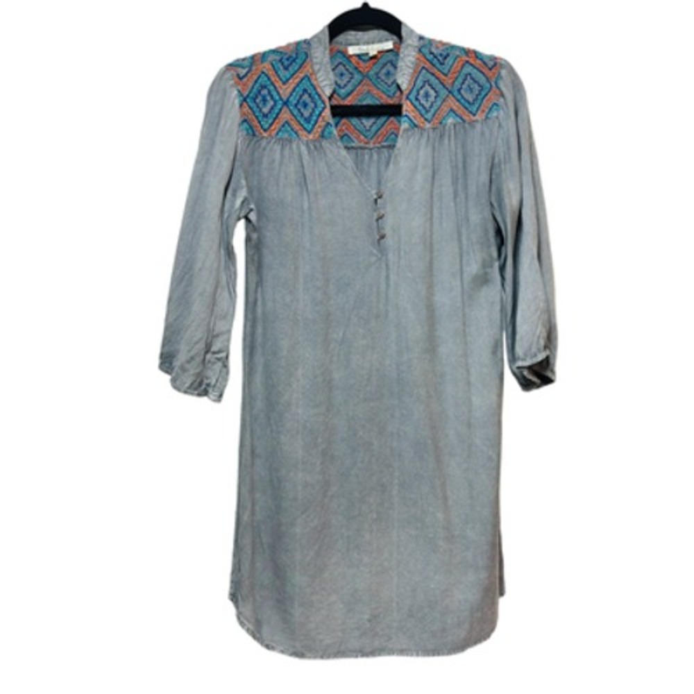 Solitaire Embroidered Boho Tunic Dress‎ Gray Rayon Small